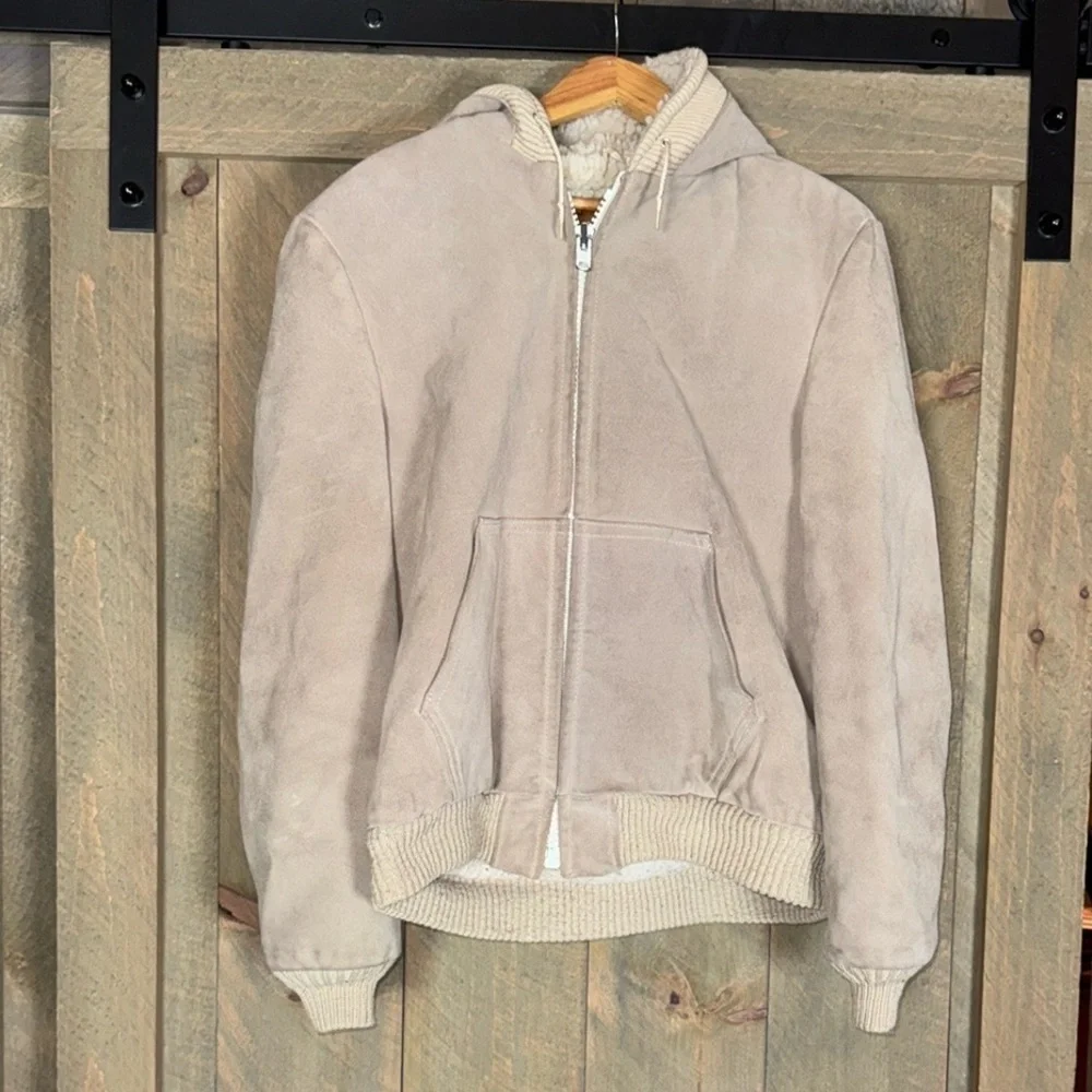 Vintage William Barry tan suede hoodie jacket with Sherpa lining Size 42 Long